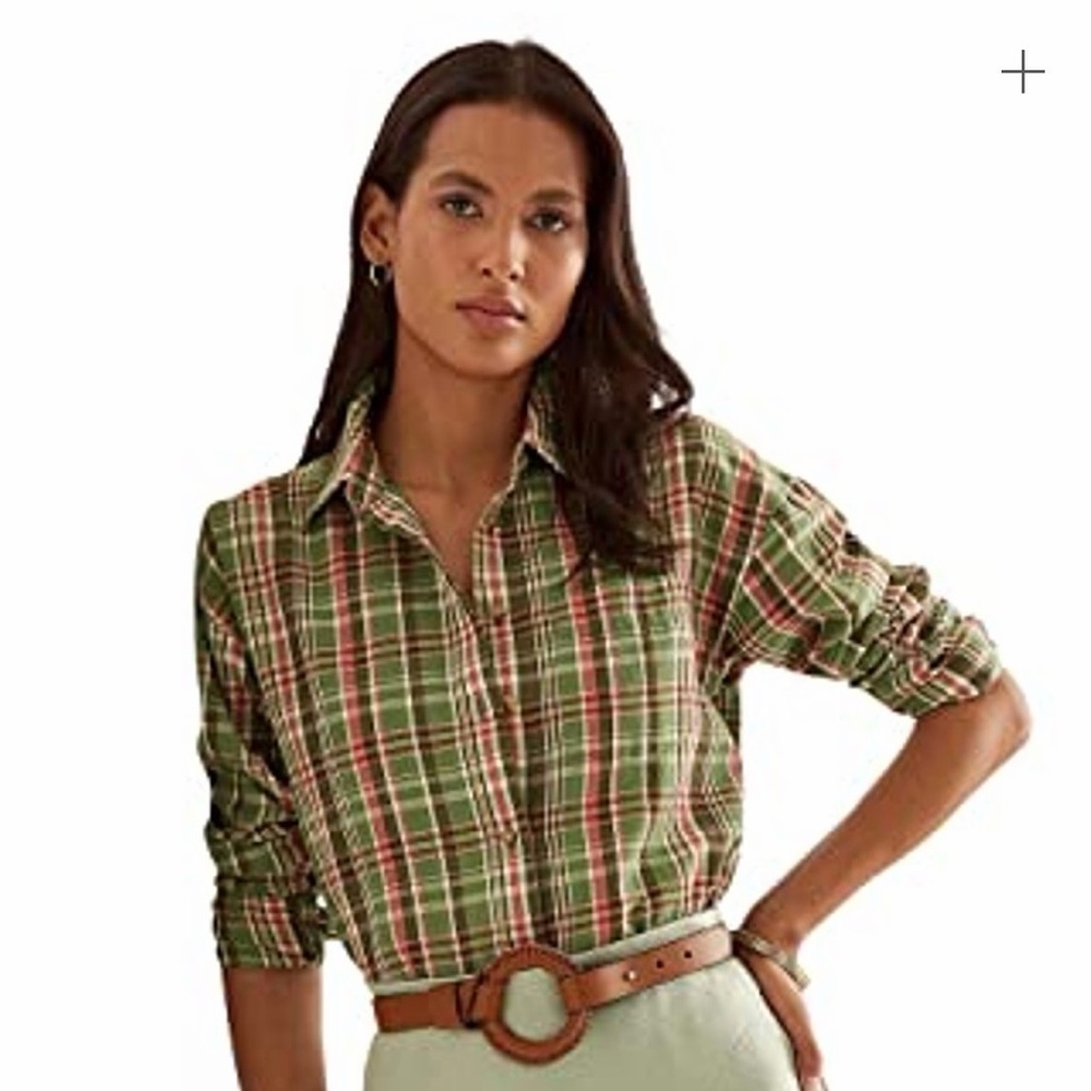 Lauren Ralph Lauren Women’s Multi Green Plaid Cotton Twill Shirt